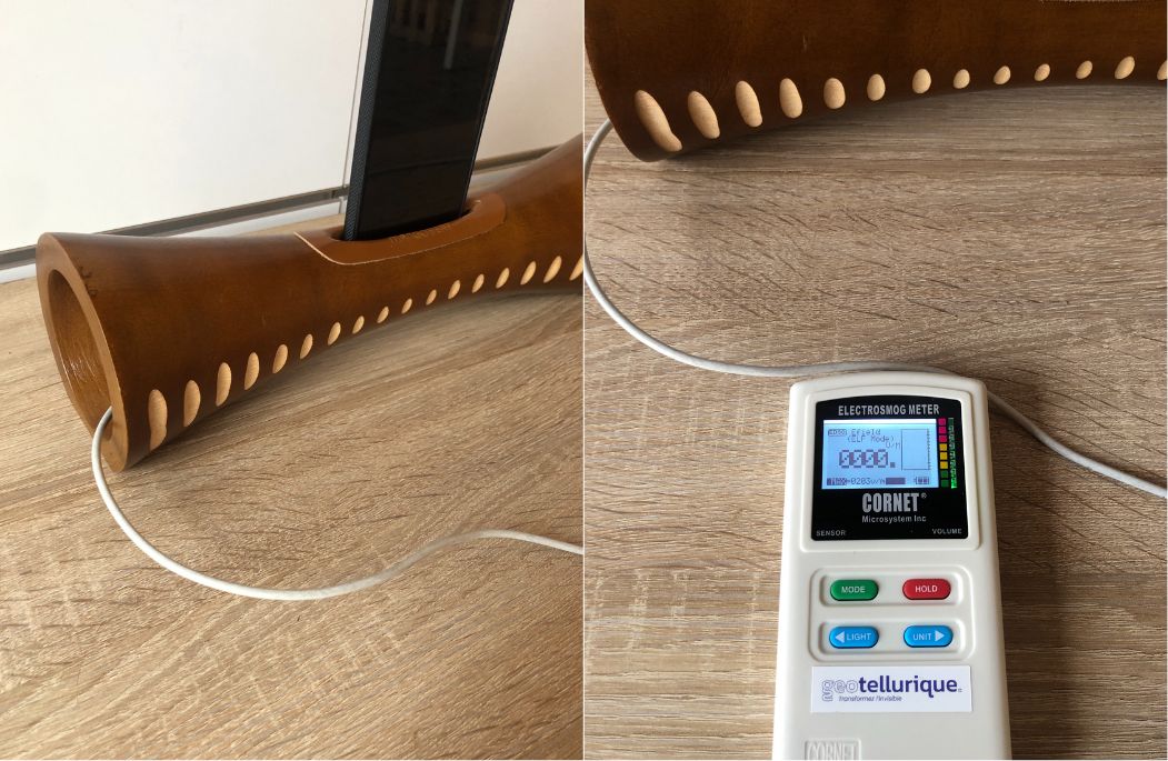 Mesure des ondes autour du câble de chargement du téléphone - Mangobeat marron note 35 cm – Enceinte en bois et sans ondes